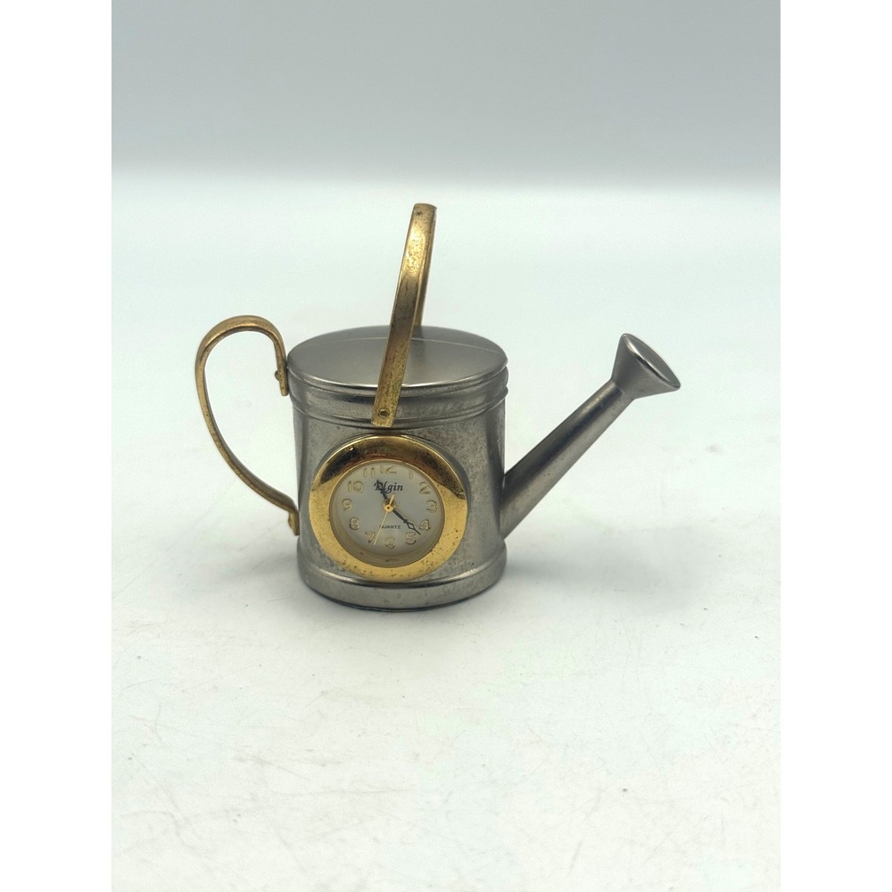 Elgin Miniature Watering Can Desk Clock Quartz Novelty Two Tone Silver Gold